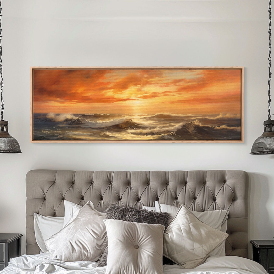 Ocean Sunset Waves Oil Painting Fiery Orange Sky Panoramic Wall Poster