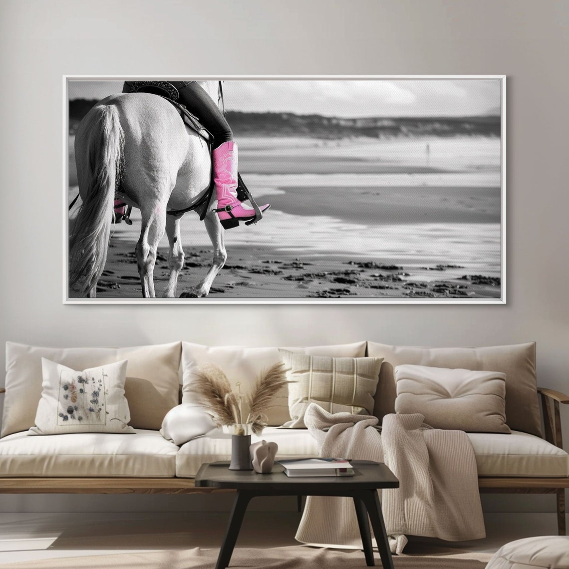 Pink Cowboy Boot On White Horse Beach Ride Selective Color Print