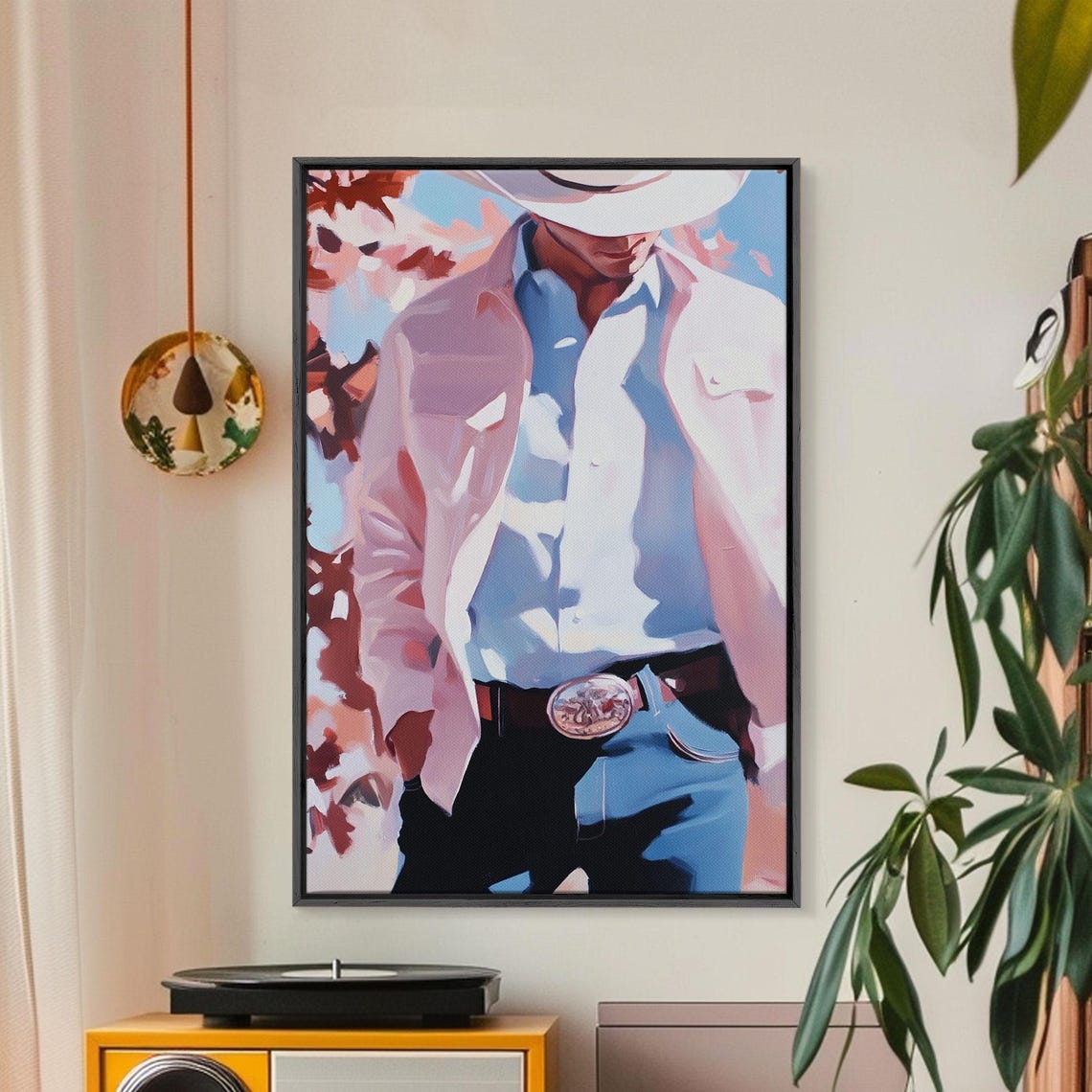 Modern Cowboy Portrait White Hat Pink Jacket Fall Leaves Art Print - Image 4