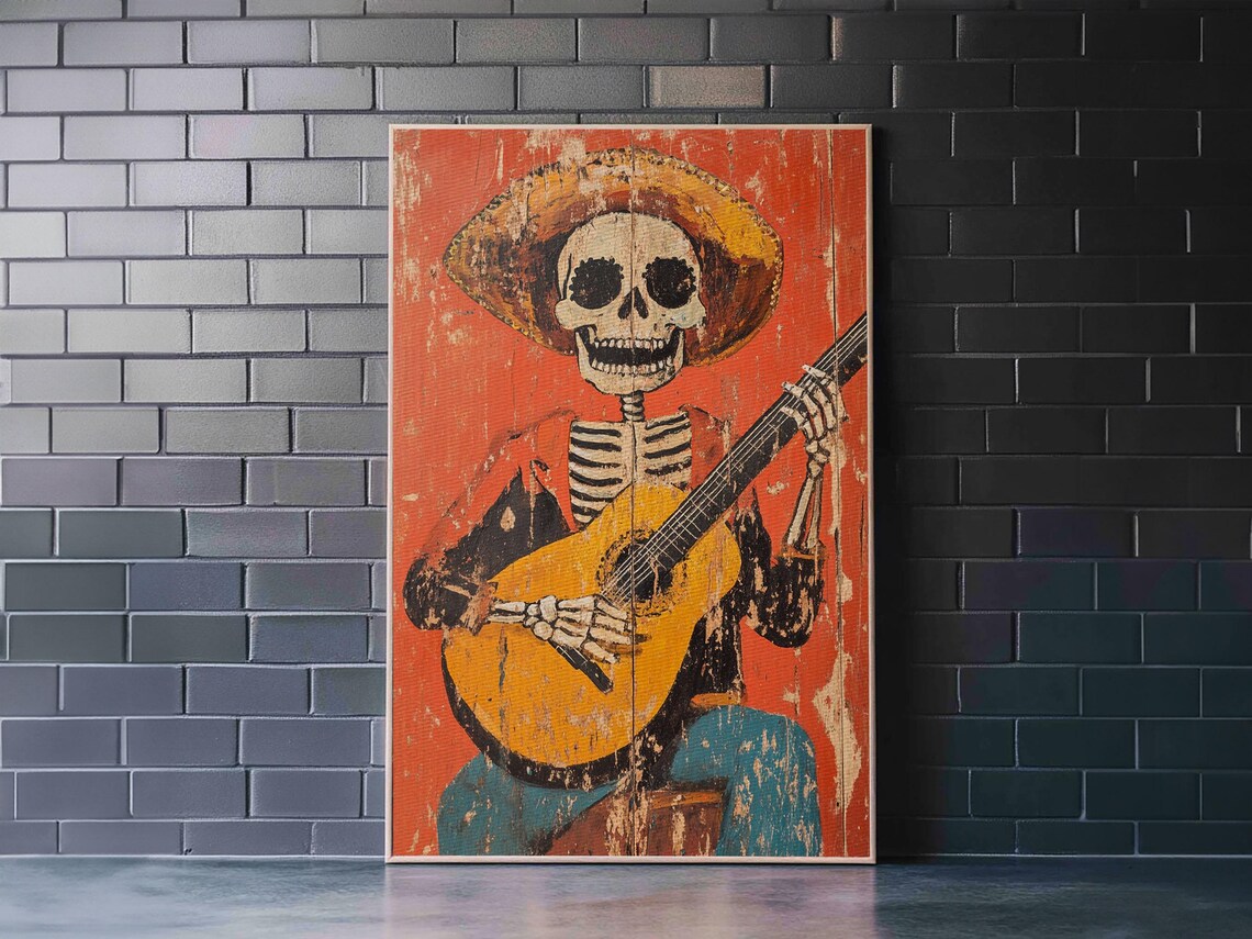 Mexican Skeleton Vaquero Guitar Art Print, Southwestern - Image 3
