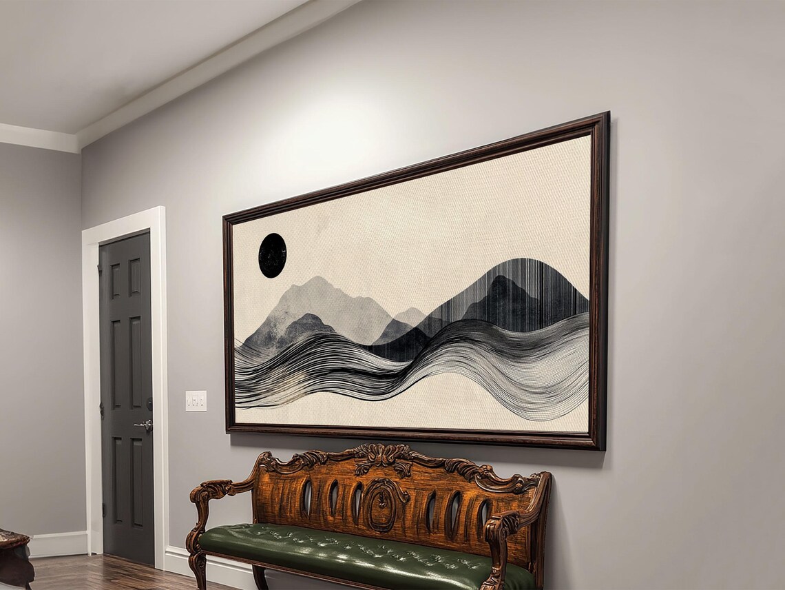 Abstract Mountain Landscape Framed Print Wabi Sabi Wall Art Minimalist Decor Rustic Line Art Idea Bedroom Artwork Vertical Design - Image 3