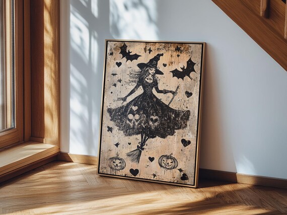 Witch Flying Broomstick Bats Vintage Silhouette Halloween Gothic Wall Art Poster