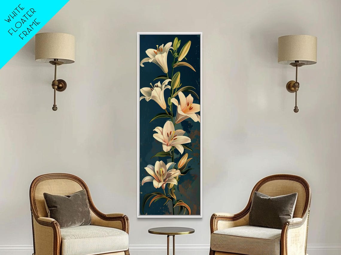White Lilies On Green Stems Against Deep Teal Ukiyo E Style Art Poster - Image 4