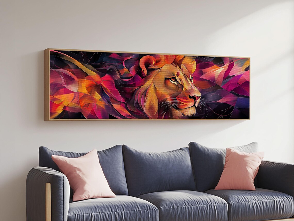 Radiant Lion Profile Magenta Orange Abstract Geometric Panoramic Art Poster - Image 6
