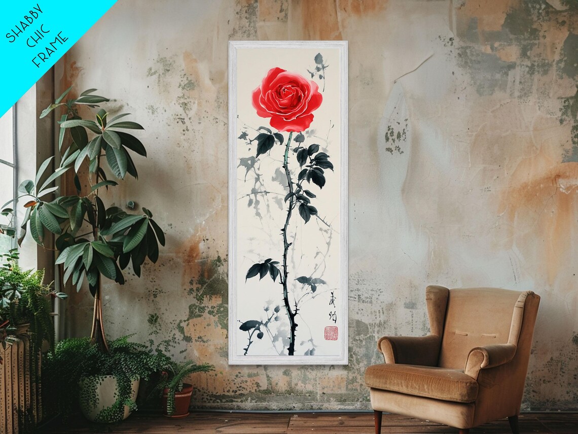 Red Rose Ink Wash Leaves White Background East Asian Botanical Poster - Image 4