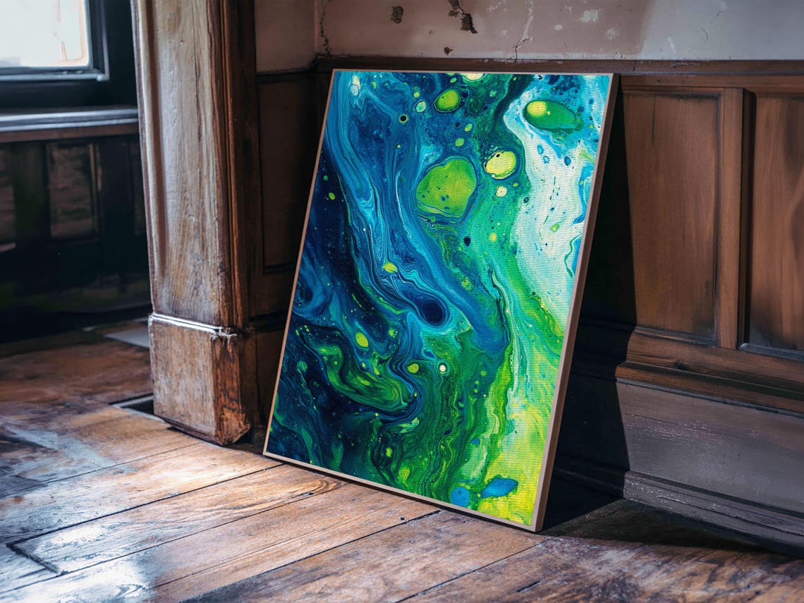 Blue Green Fluid Abstract Art Marble Acrylic Pour Ocean Cells Print - Image 3