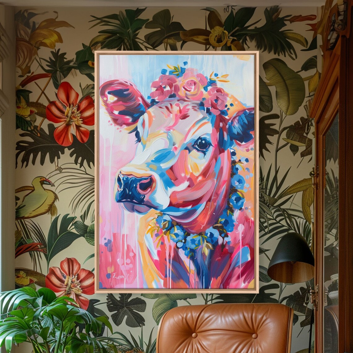 Floral Crowned Cow Portrait Pink Blue Whimsical Pop Art Animal Poster - Image 4
