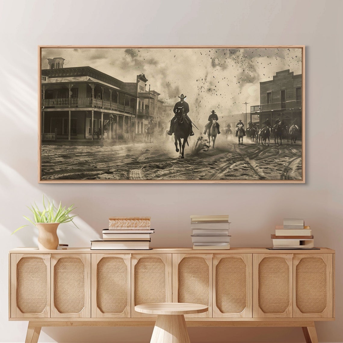 Cowboys Riding Into Old Western Frontier Town Vintage Sepia Art Poster - Image 4