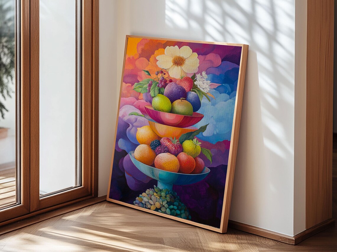 Colorful Fruit Bowl Still Life Art Print for Kitchen