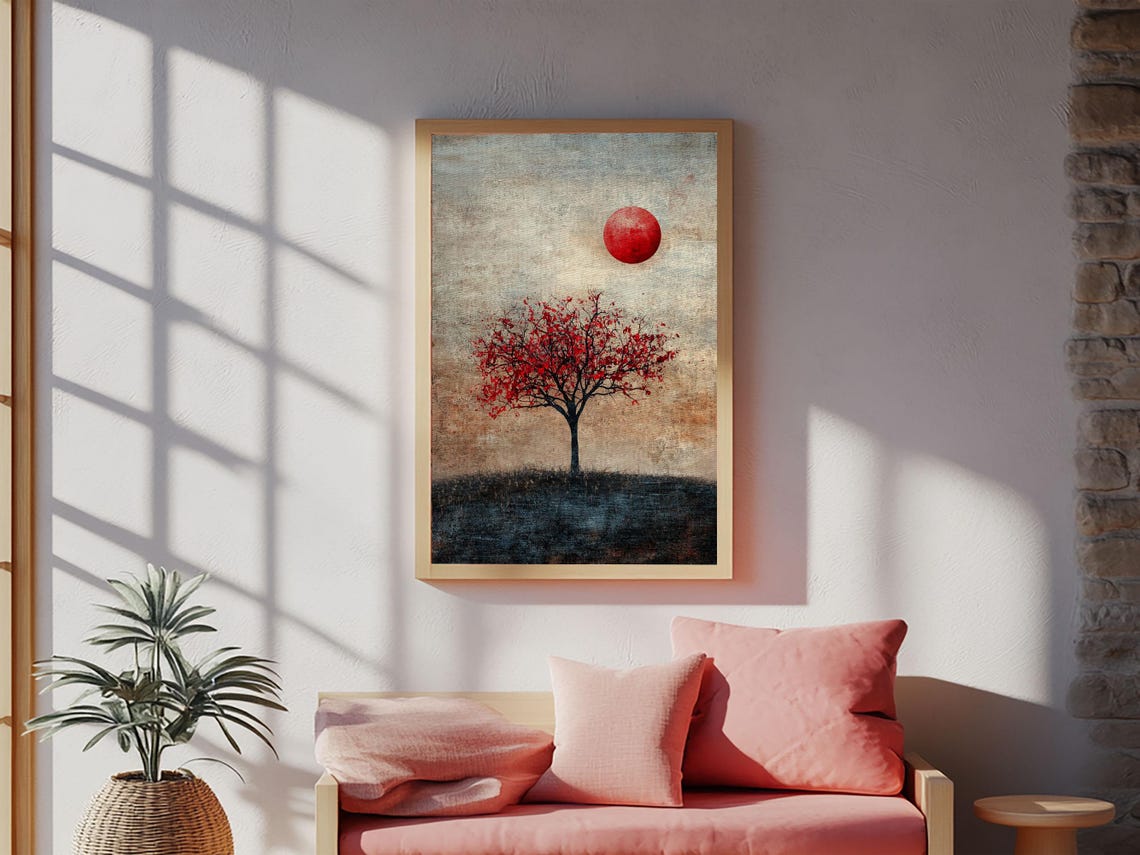 Red Tree Under Red Sun Wabi Sabi Minimalist Zen Landscape Art Poster - Image 2