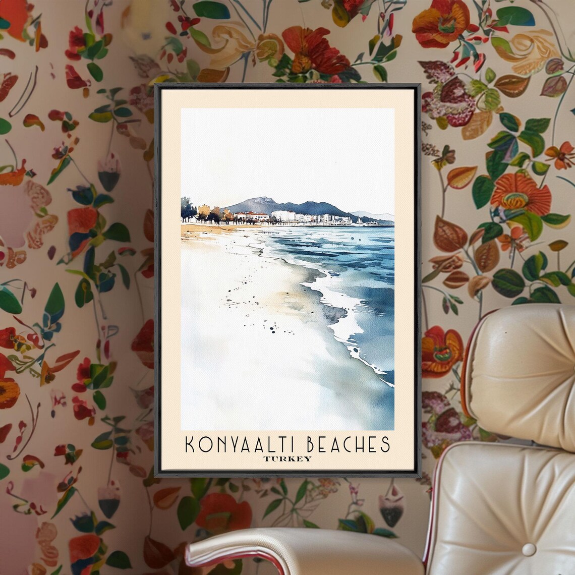 Konyaalti Beaches Turkey Long Shore City Mountain View Watercolor Poster - Image 2