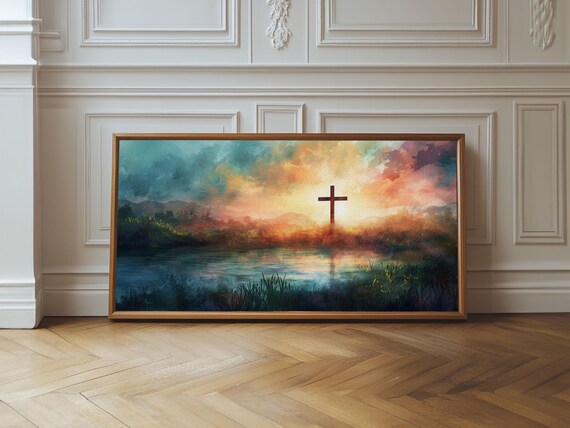 Christian Cross Silhouette Colorful Lake Sunset Peaceful Faith Wall Poster