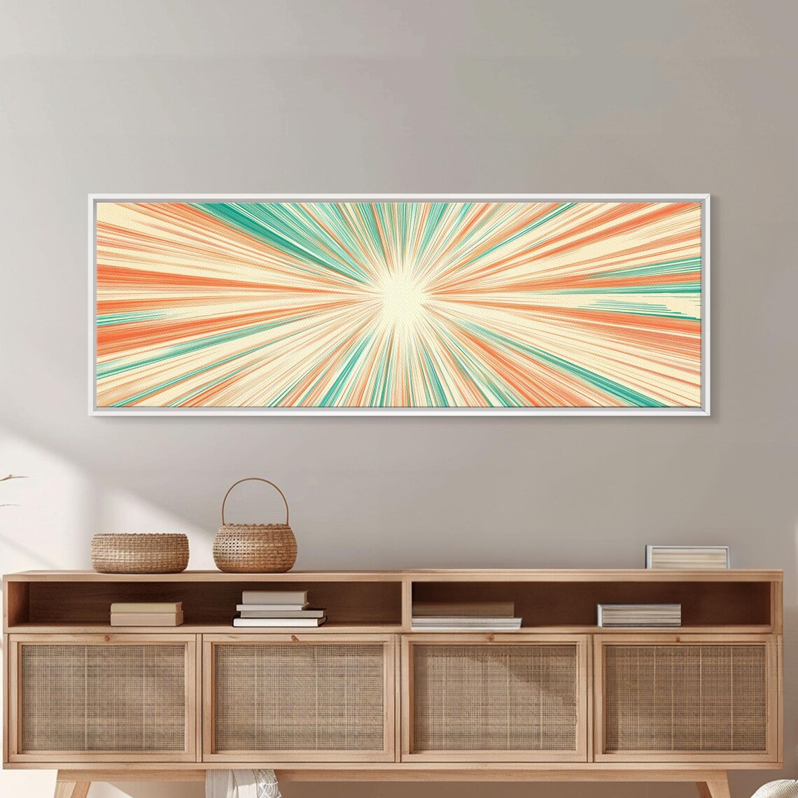 Mid Centery Modern Print Framed Mcm Style Wall Art Orange And Green Star Burst Art Deco Modern Art Above Sofa Decor - Image 3