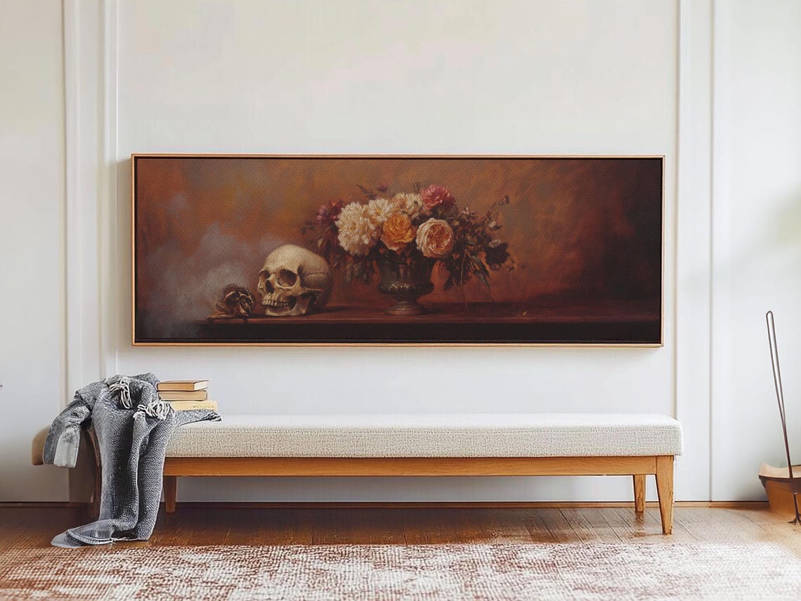 Skull Roses Gothic Still Life Dark Academia Panoramic Oil Wall Poster - Image 5