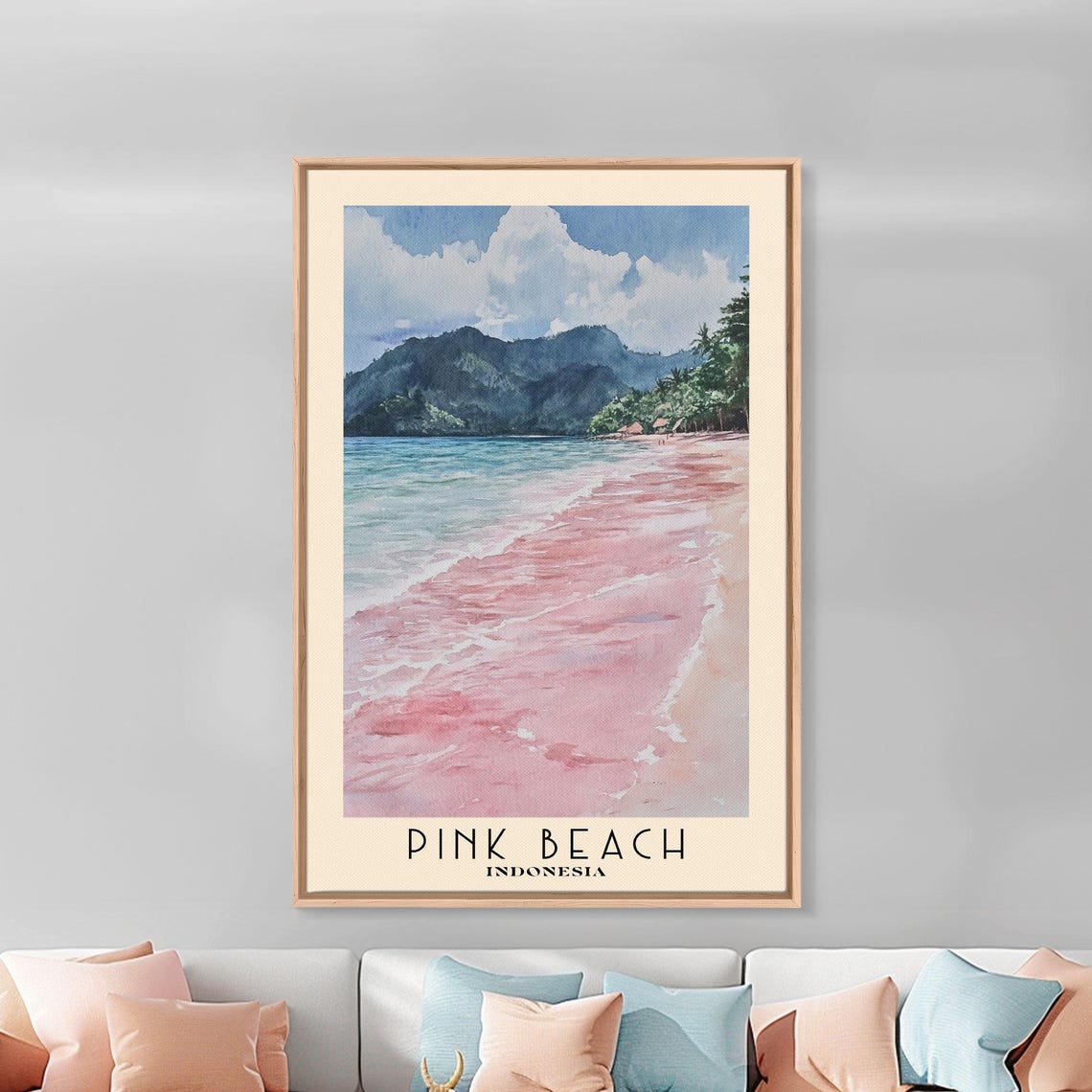 Pink Beach Indonesia Blush Sand Shore Green Hills Cloud Sky Poster - Image 3