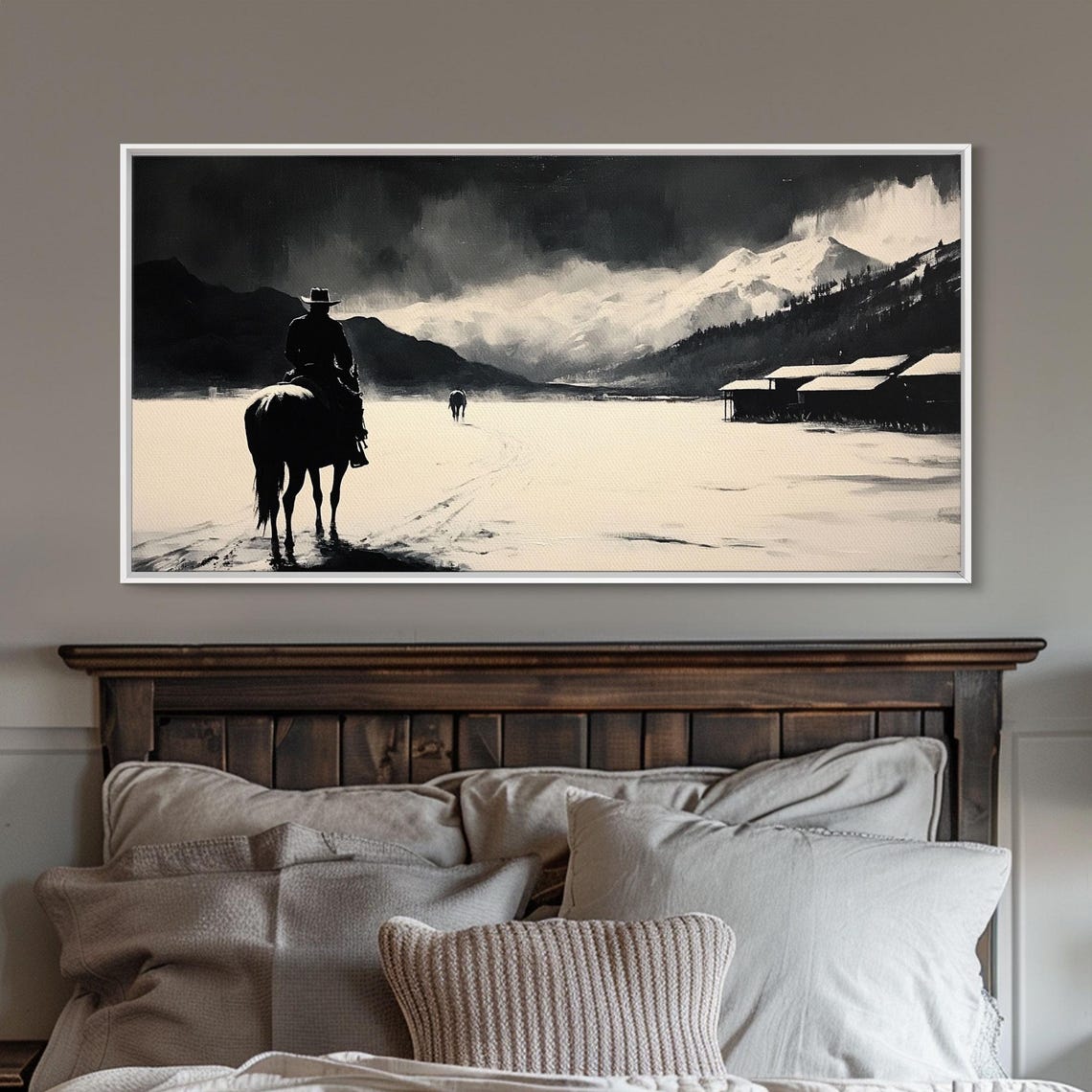 Cowboy Riding Through Snow Toward A Mountain Ranch Black White Print - Image 3