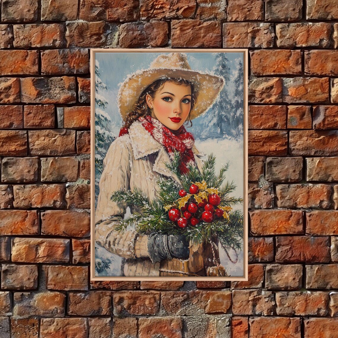 Cozy Christmas Woman Cowboy Hat Holiday Greenery Snow Vintage Wall Art