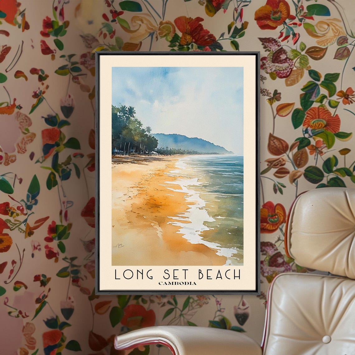 Long Set Beach Cambodia Golden Sand Palm Trees Hills Watercolor Poster - Image 3
