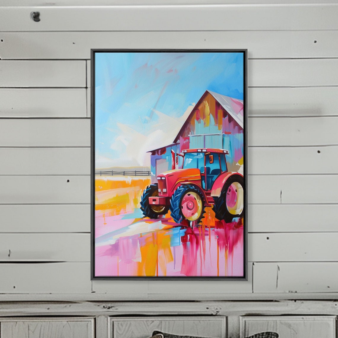 Colorful Red Tractor Barn Farm Harvest Scene Modern Art Wall Poster - Image 4