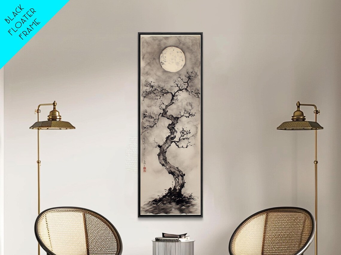 Print Moon And Tree Painting Mystical Wabi Sabi Wall Art Japanese Inspired Rustic Decor Above Bed Wall Art Gift Him - Image 4