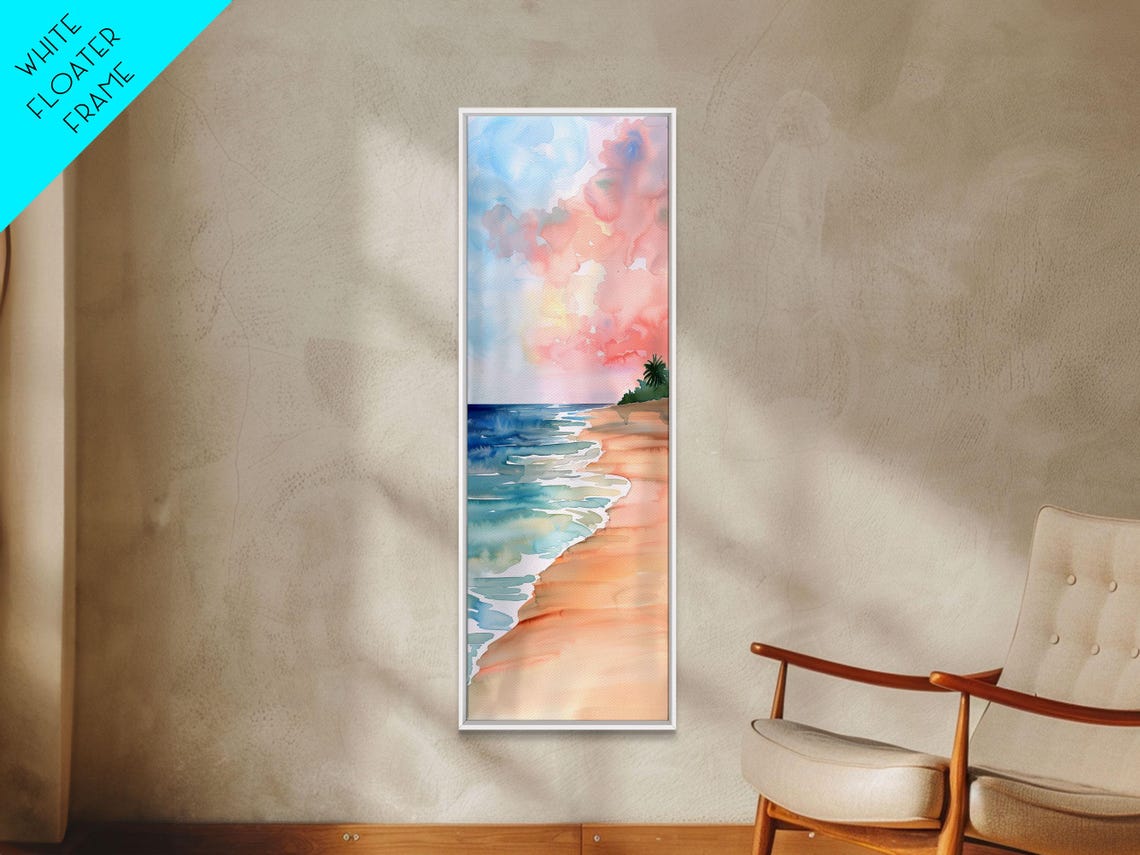Pastel Watercolor Beach Pink Sky And Sandy Shore Wall Art Print - Image 6