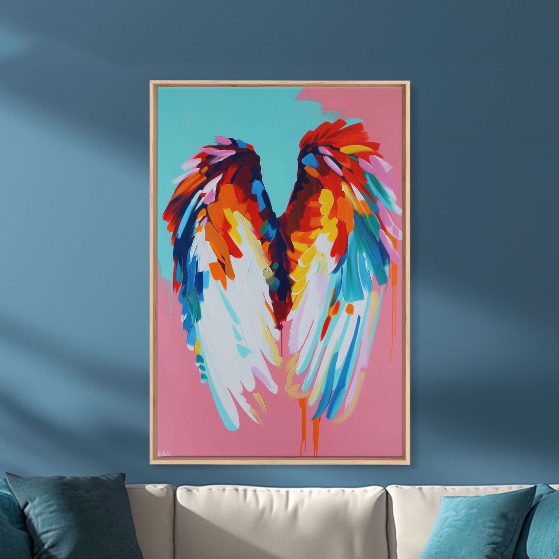 Colorful Angel Wings Pink Teal Feathered Wings Modern Art Wall Poster - Image 3