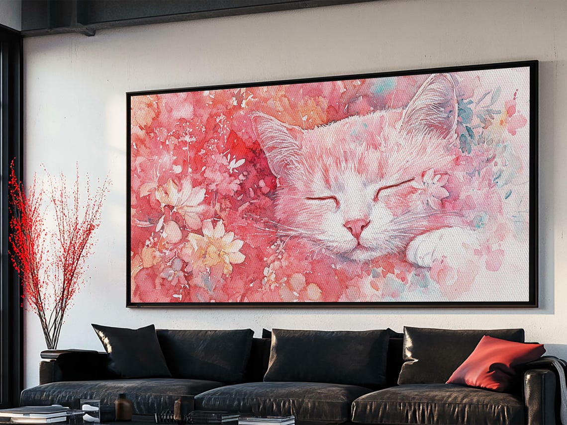Sleeping Pink Kitten Among Flowers Watercolor Cute Cat Art Poster - Image 5