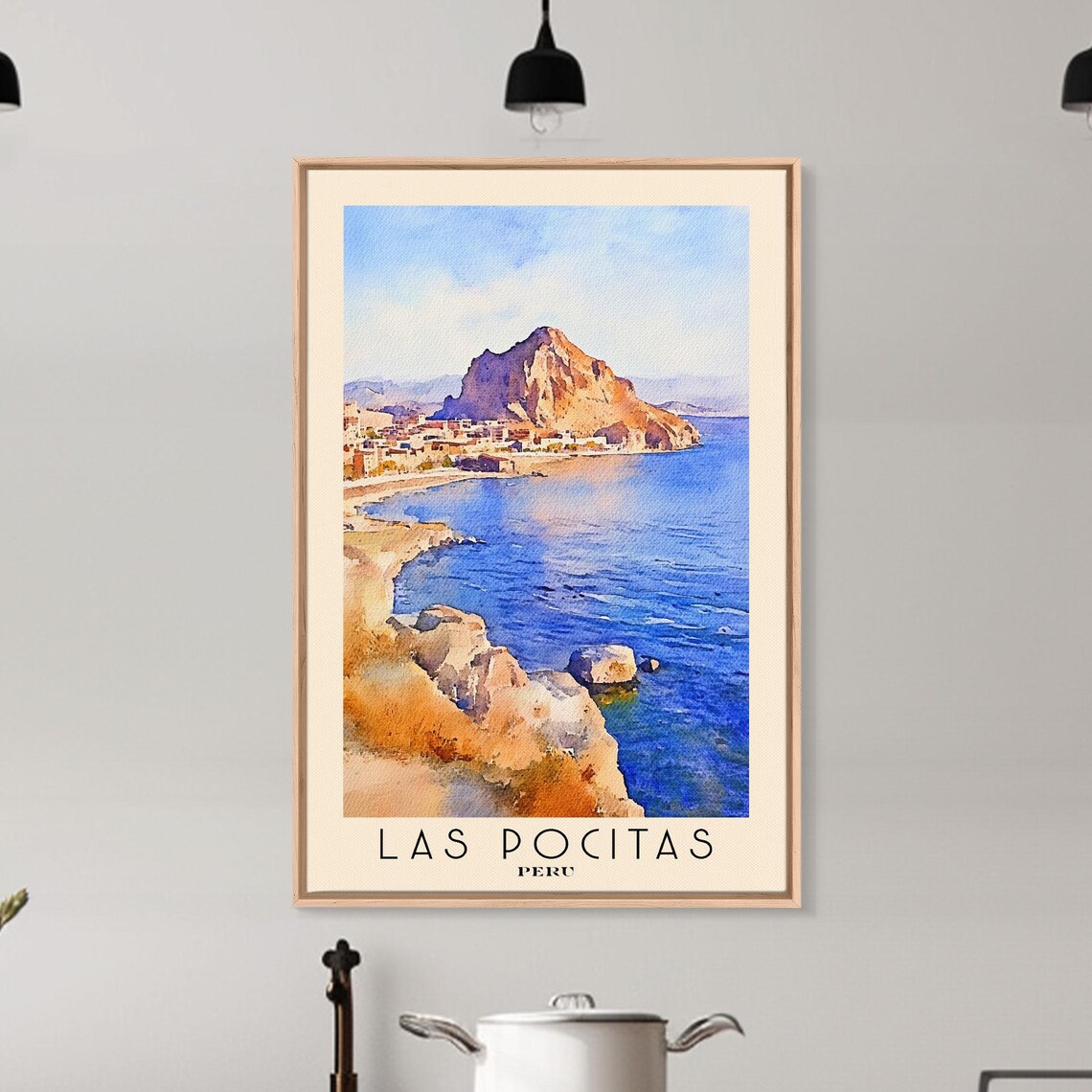 Las Pocitas Peru Rocky Headland Coastal Town Blue Sea Watercolor Poster - Image 6