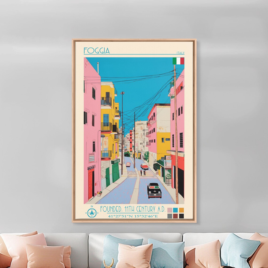 Foggia Italy Colorful Street Pink Yellow Buildings Cars View Poster - Image 2