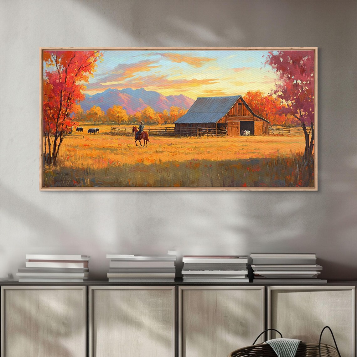 Autumn Cowboy Farm Barn Horses Sunset Mountains Landscape Poster - Image 4