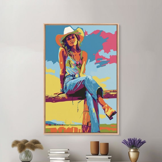 Colorful Cowgirl Portrait Framed Print Bright Western Decor Pop Art Wall Art For Living Room Bedroom