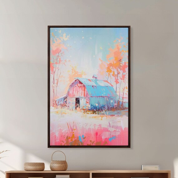Vintage Pastel Barn With Blue Roof And Trees Framed Print Rustic Farmhouse Decor Country Art For Home Bedroom Wall Art