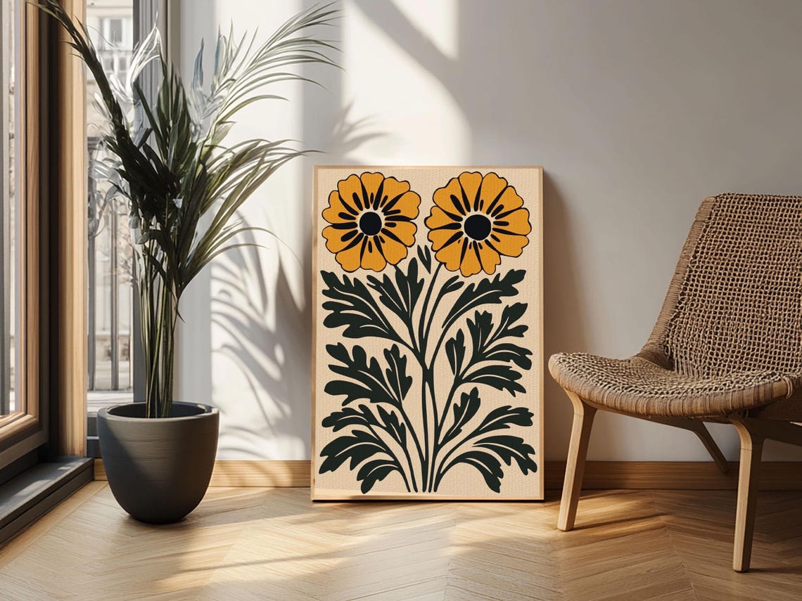 Mid Century Modern Botanical Flowers Orange Black Cottagecore Print - Image 3