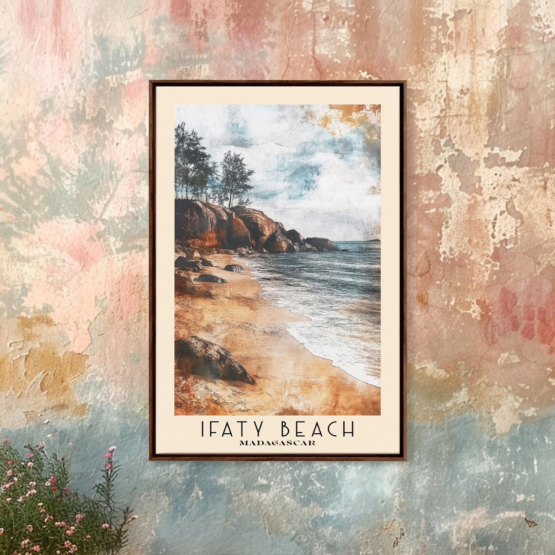 Ifaty Beach Madagascar Rocky Shore Golden Sand Moody Sky Watercolor Poster - Image 4