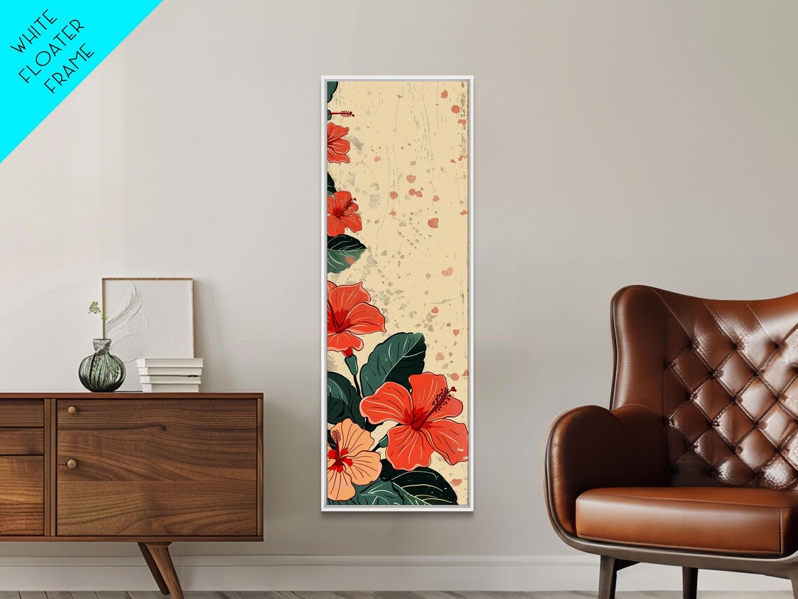 Soft Hibiscus Flowers Red Orange Cream Tall Japanese Art Poster