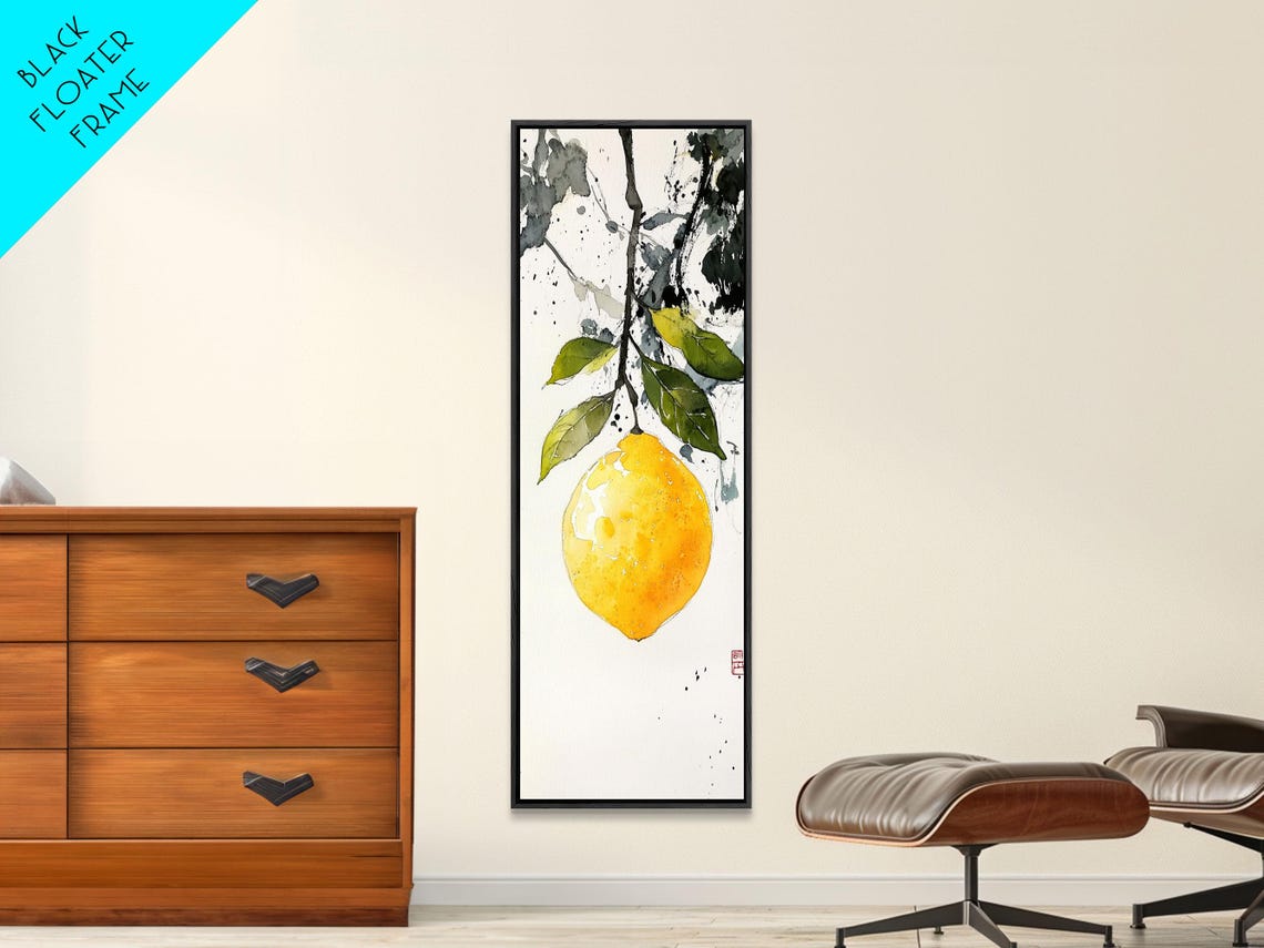 Bright Lemon Hanging Ink Branch Green Leaves White Space Art Poster - Image 2