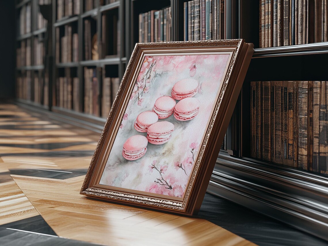 Pink Macarons Cherry Blossom Watercolor Sweet French Bakery Wall Art - Image 6