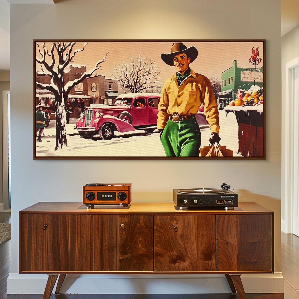 Retro 1950s Cowboy Strolling Snowy Small Town Street Christmas Poster - Image 2