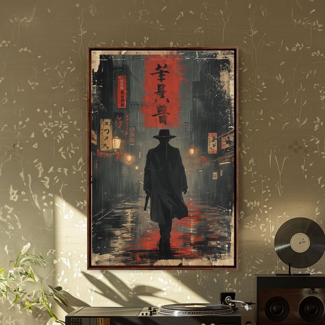 Rainy Tokyo Alley Detective Poster Noir Silhouette with Neon Kanji - Image 3