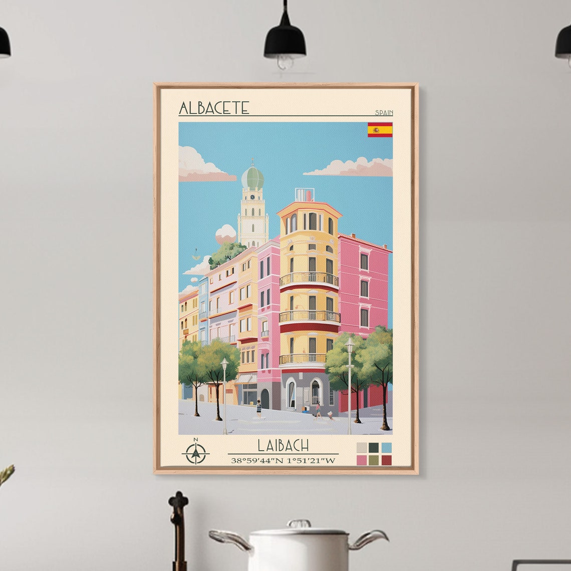 Albacete Spain Pastel Apartment Block Church Tower City View Poster - Image 2