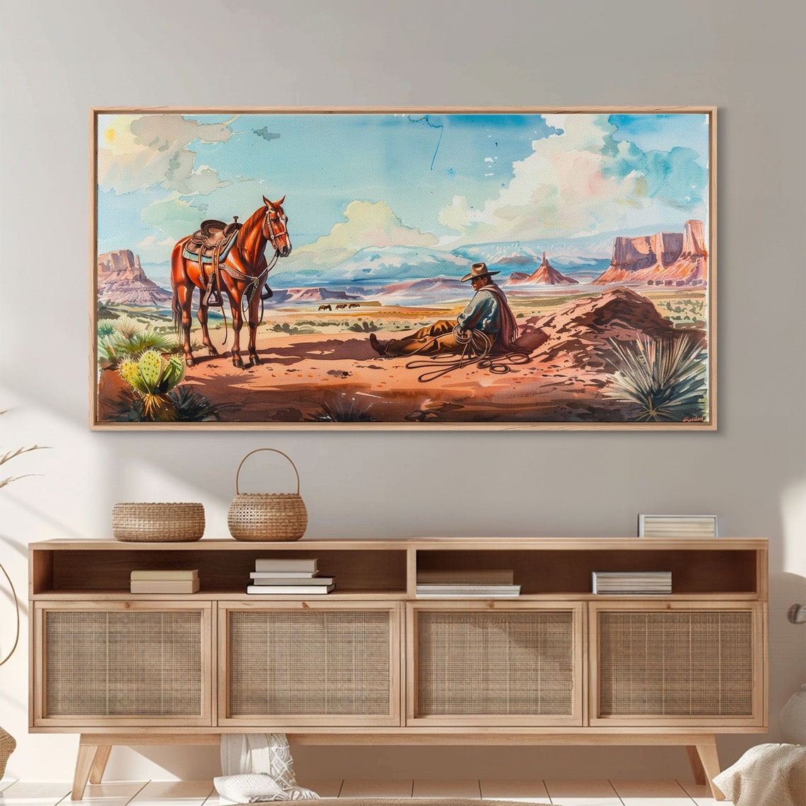 Cowboy Sitting Beside Horse Desert Valley Mesas Watercolor Poster - Image 4