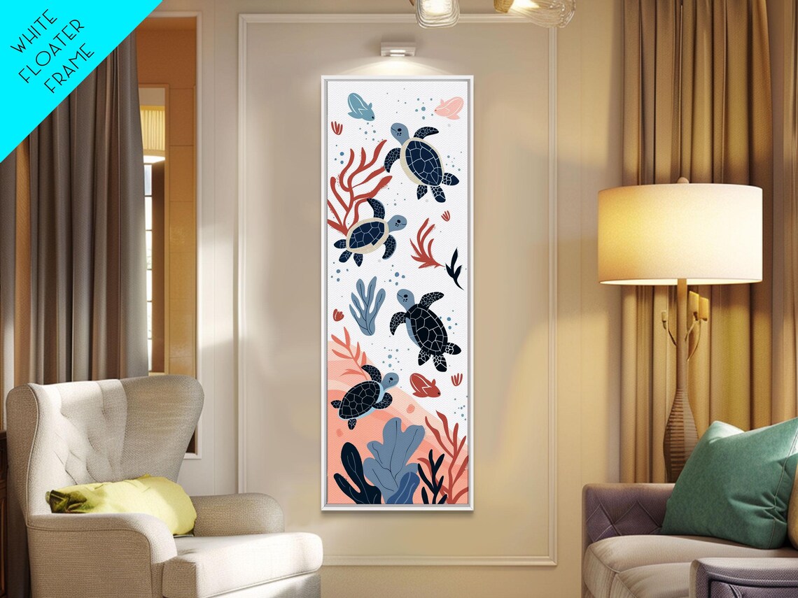 Swimming Sea Turtles With Coral Tall Framed Print In Japanese Ukiyo E Style Wall Art - Image 6