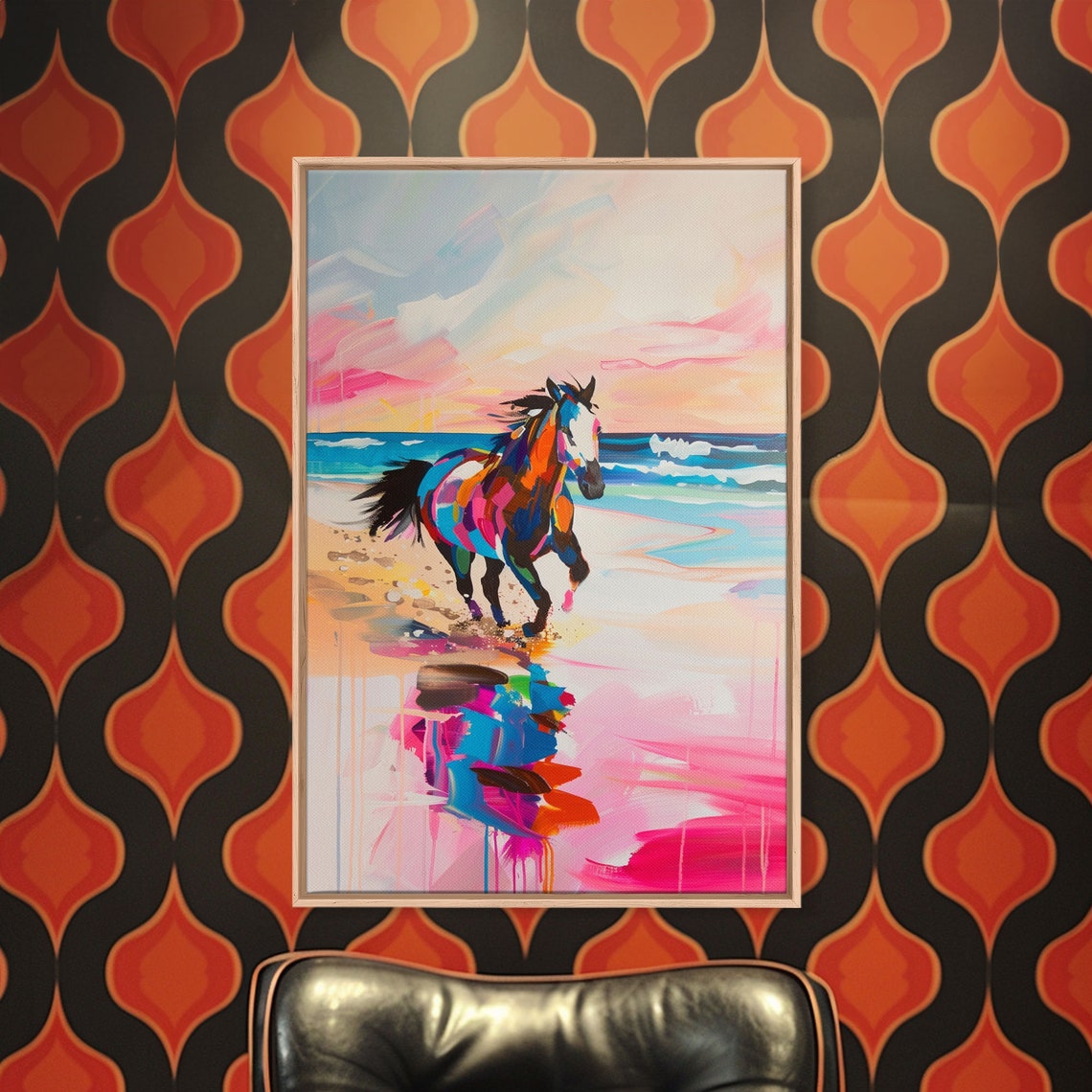 Vibrant Colorful Horse Galloping On Beach At Sunset Art Poster - Image 2