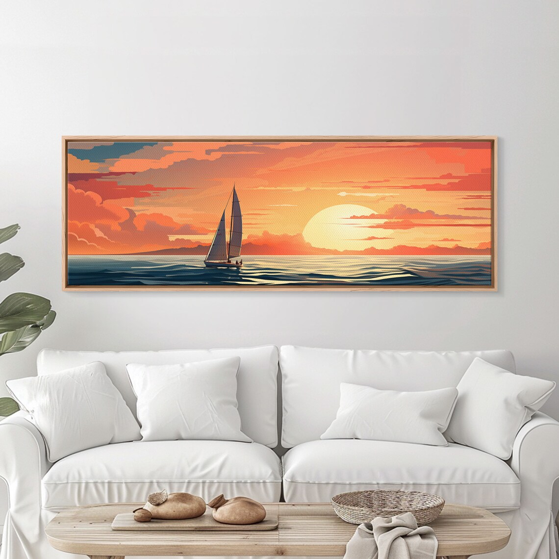 Sailboat Sunset Orange Sky Teal Ocean Retro Nautical Illustration Poster - Image 3
