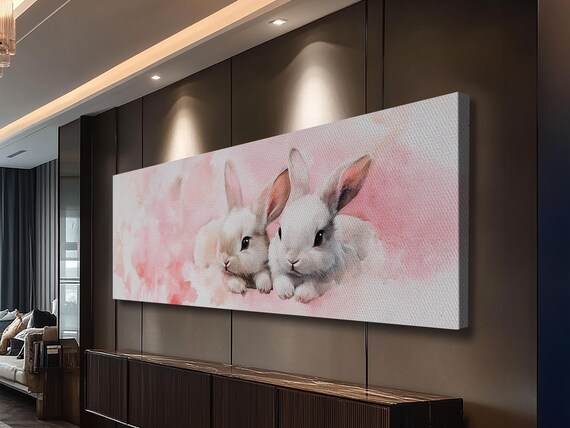 Adorable White Bunny Pair Pink Watercolor Nursery Animal Wall Art