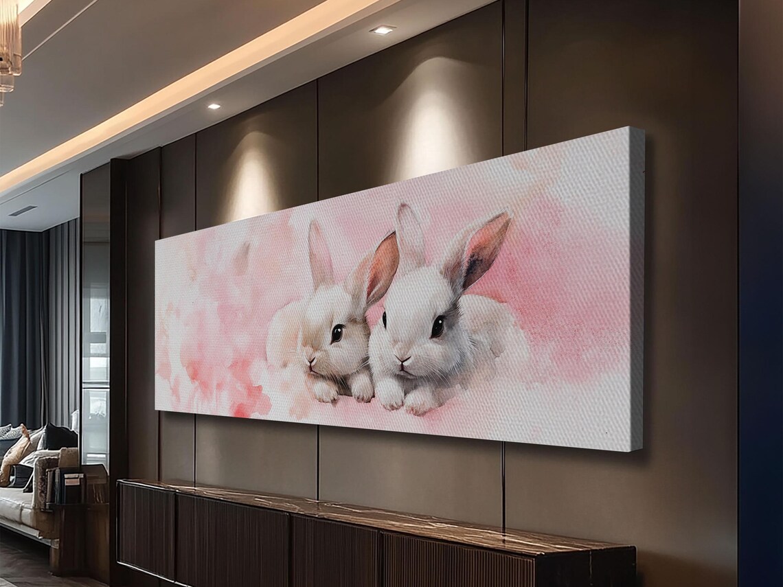 Adorable White Bunny Pair Pink Watercolor Nursery Animal Wall Art