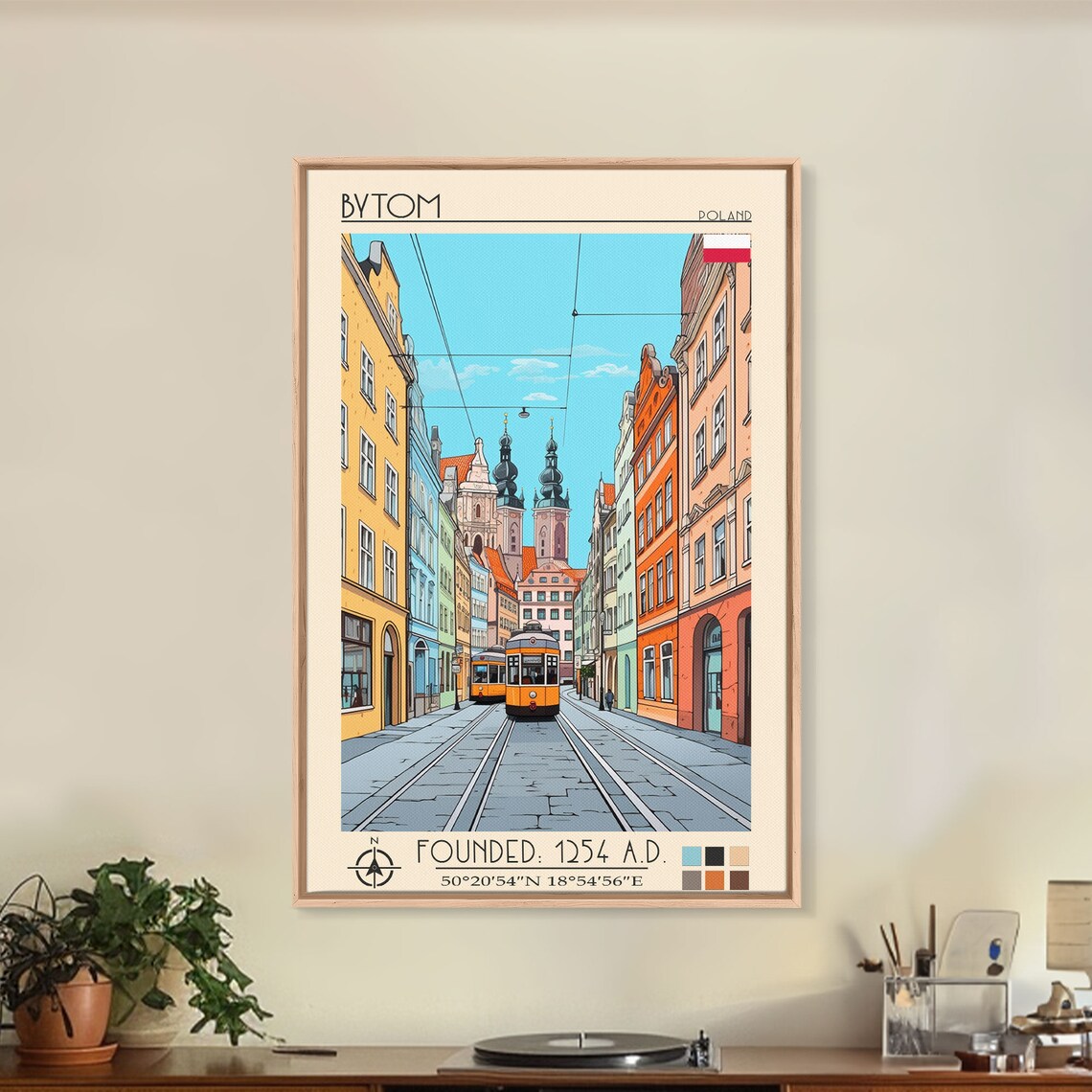 Bytom Poland Old Town Street Yellow Tram Twin Church Towers Art Poster - Image 3
