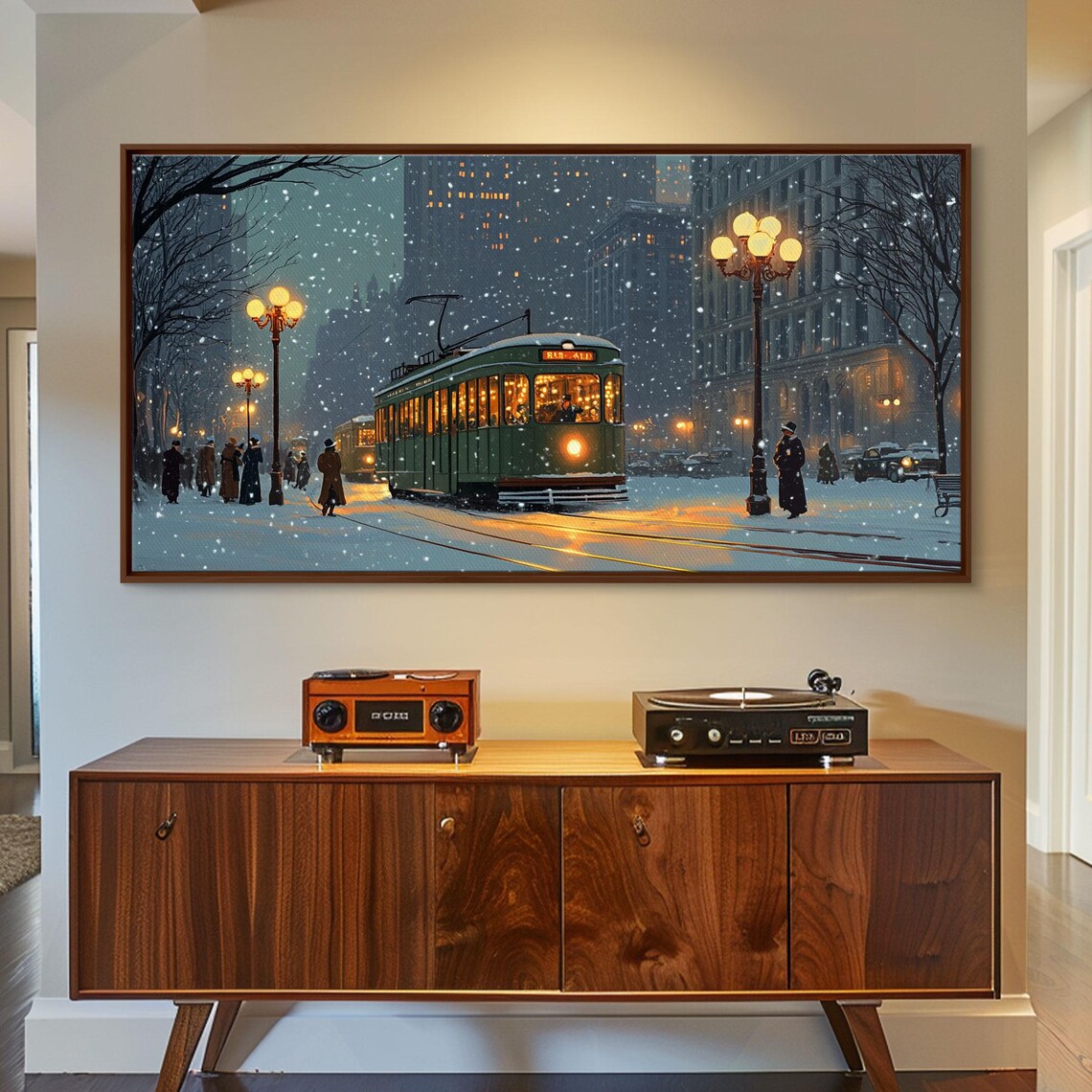Vintage Christmas Street Scene Green Tram Snowy Night City Poster - Image 3