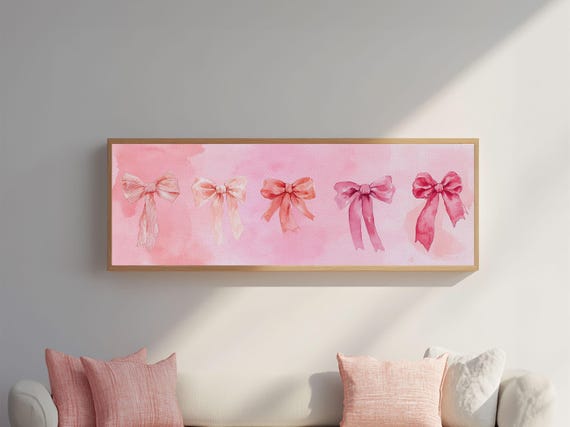 Ribbon Bow Print Light Pink Art Feminine Horizontal Wall Art Whimsical Artwork Living Room Wabi Sabi Decor Framed Print