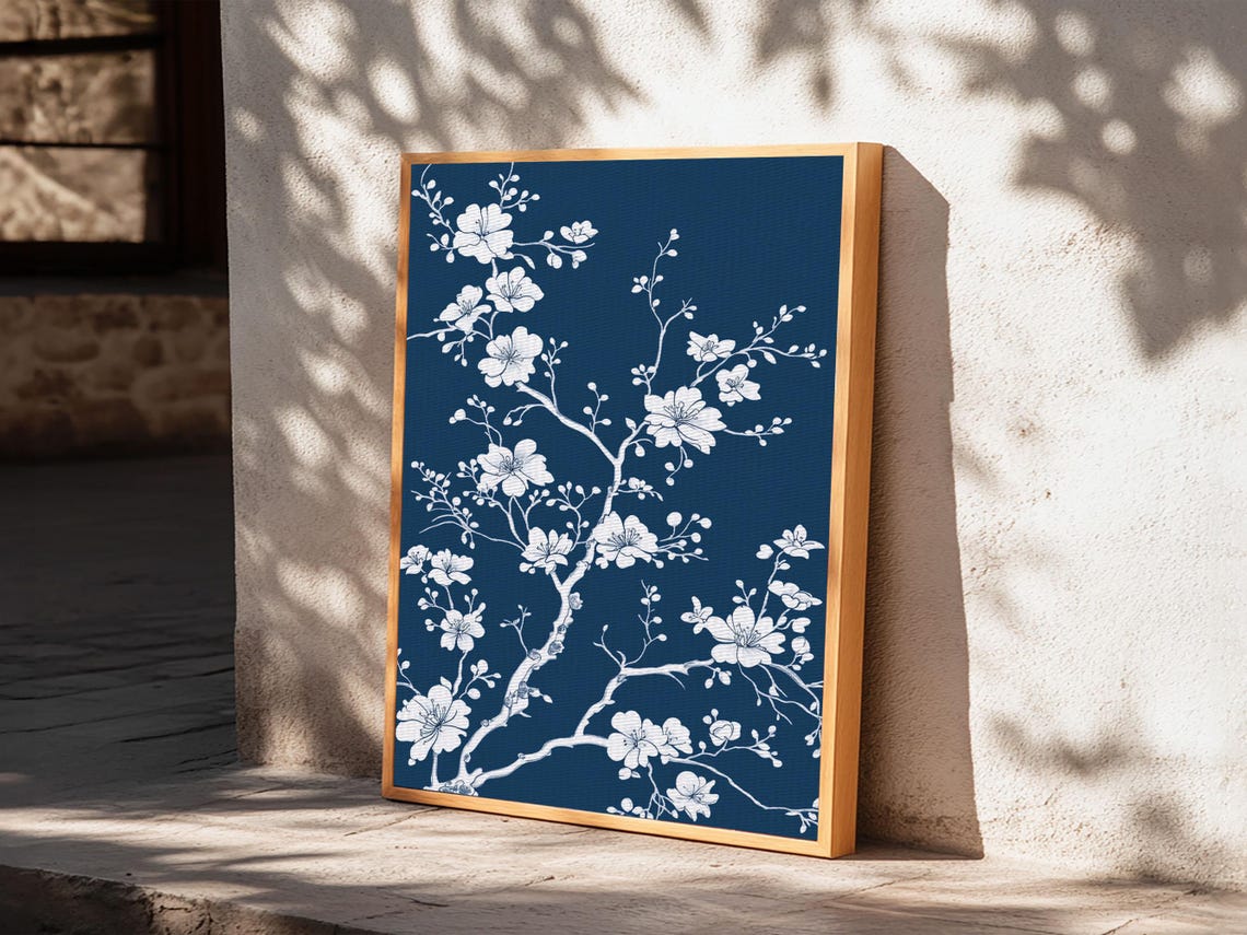 White Cherry Blossoms Navy Blue Chinoiserie Botanical Wall Art Poster